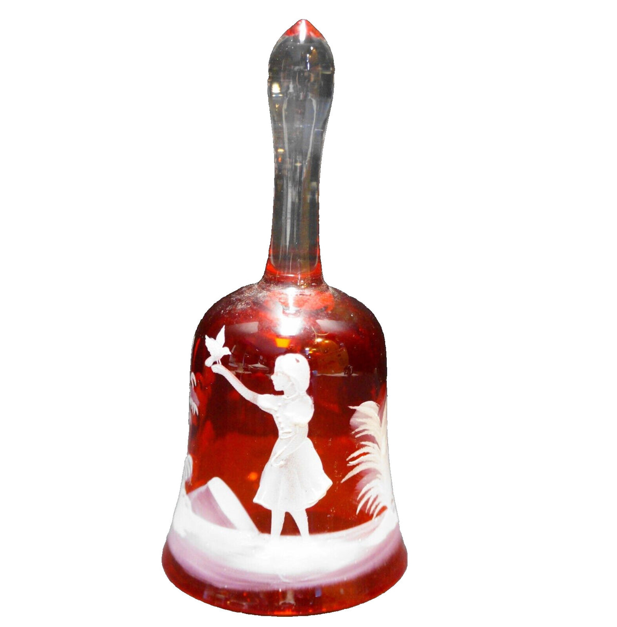 Mary Gregory Red Glass White Enamel Paint Girl With Bird Bell Clear Handle