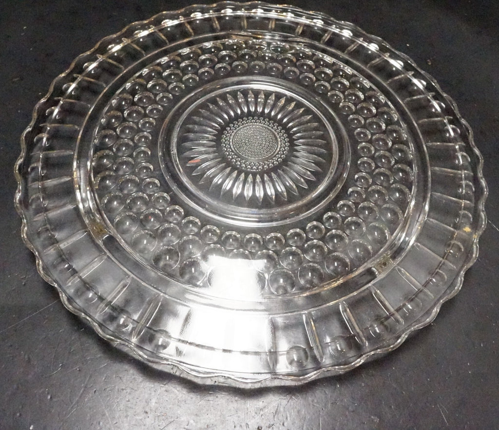 Federal Glass Daisy Sunflower Dots Circles Footed Cake Plate Clear