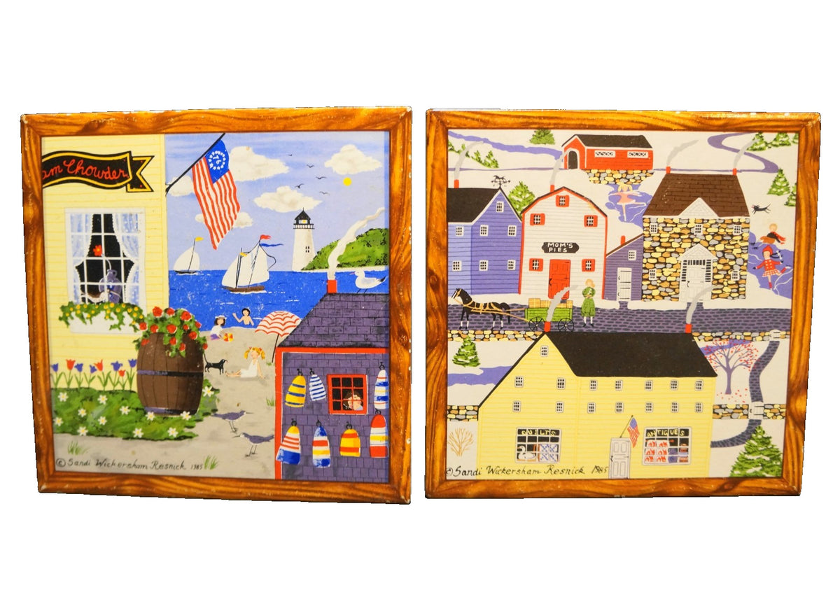 Sandi Wickersham Resnick Tiles Pair Skating Pond Down by the Sea 7 7/8 IN