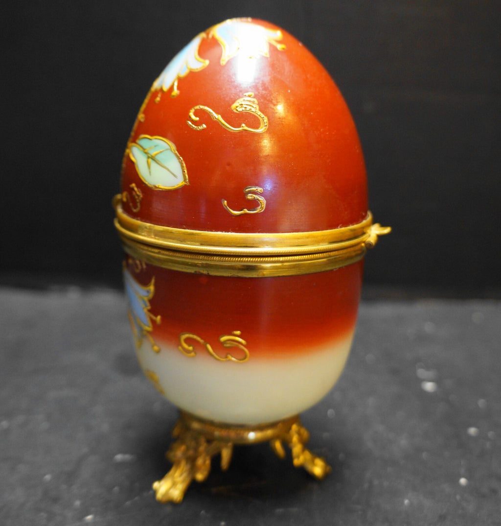 Hand Painted Opal Milk Glass Egg Rust Fade Transfer Portraits Gold Trim Box