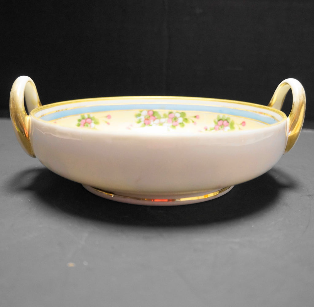 Morimura Nippon Double Handle Bowl Hand Painted Pink Flowers Yellow Blue Bands