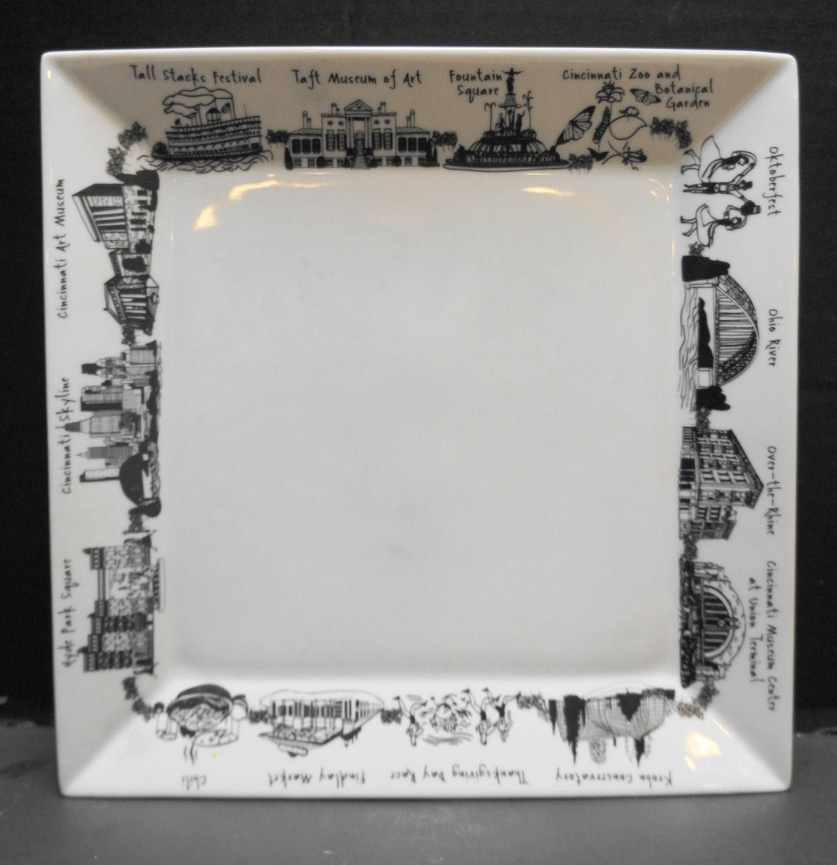 Cincinnatti Skyline The Dish Large Square Plate 10 1/2" Black White