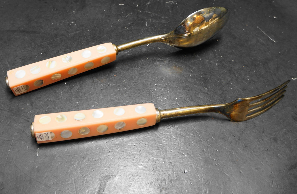 Two's Company Circles of Pearl Pink Handles Silverplated Salad Servers Fork Spoon