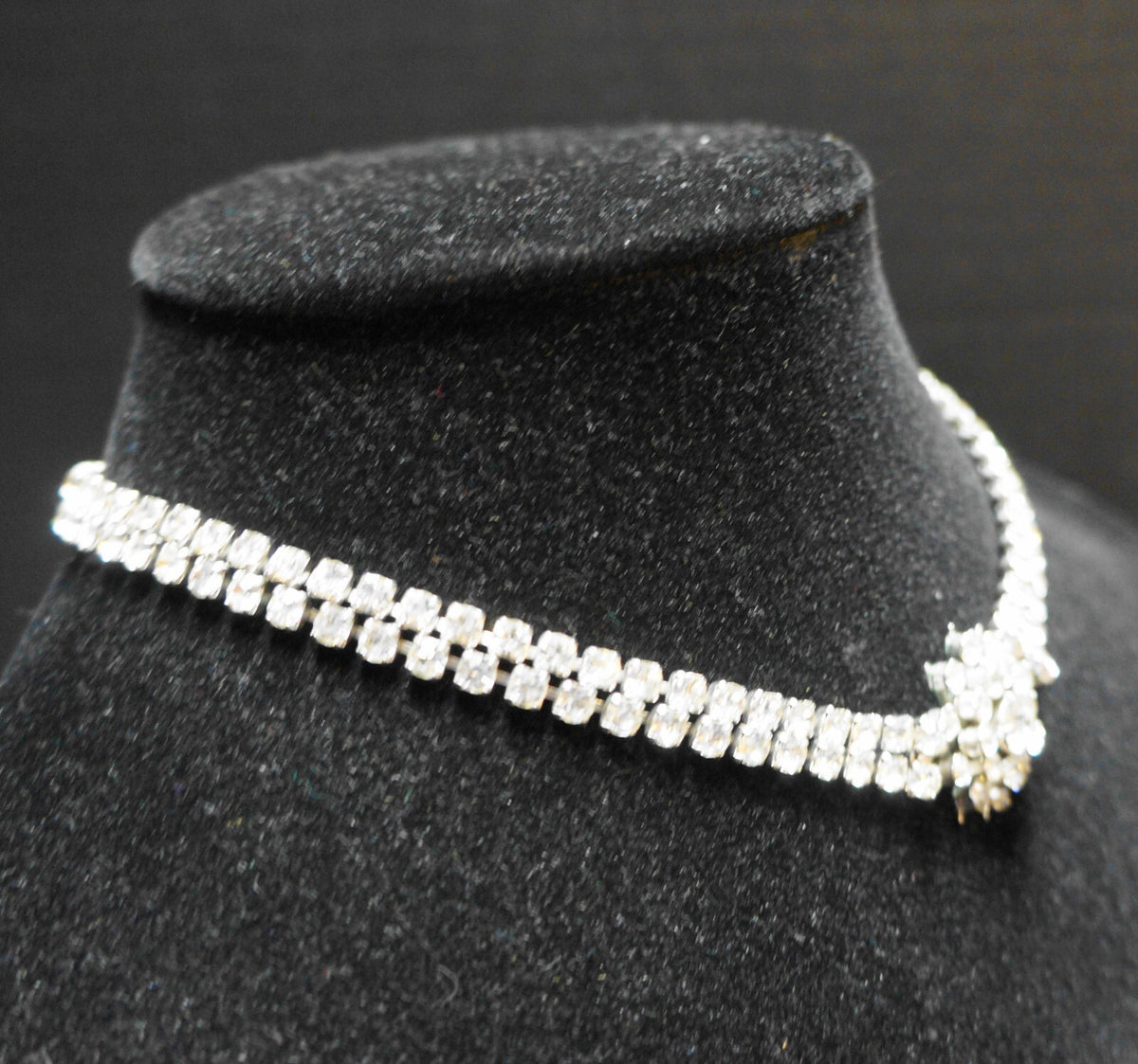 Clear Rhinestone Double Strand Choker Necklace Center Flower