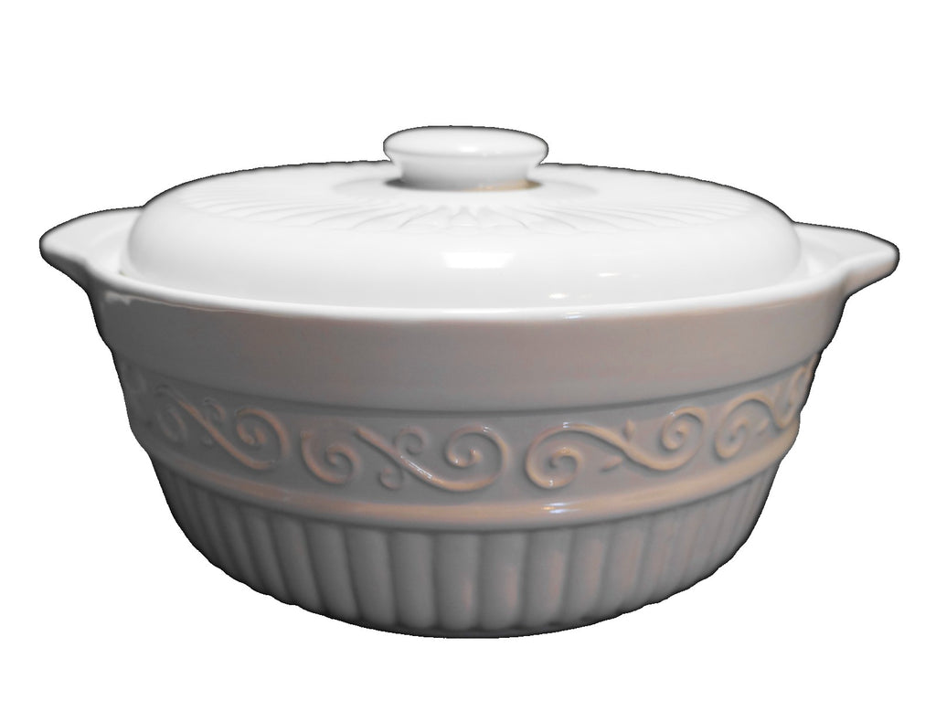 Gibson Claremont White Scrolls Embossed Stoneware Covered Vegetable