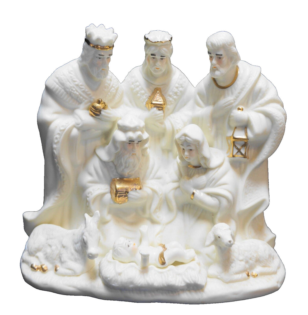 Cream Ivory Bisque Porcelain Nativity Set One Piece Figurine Hand Painted Gold