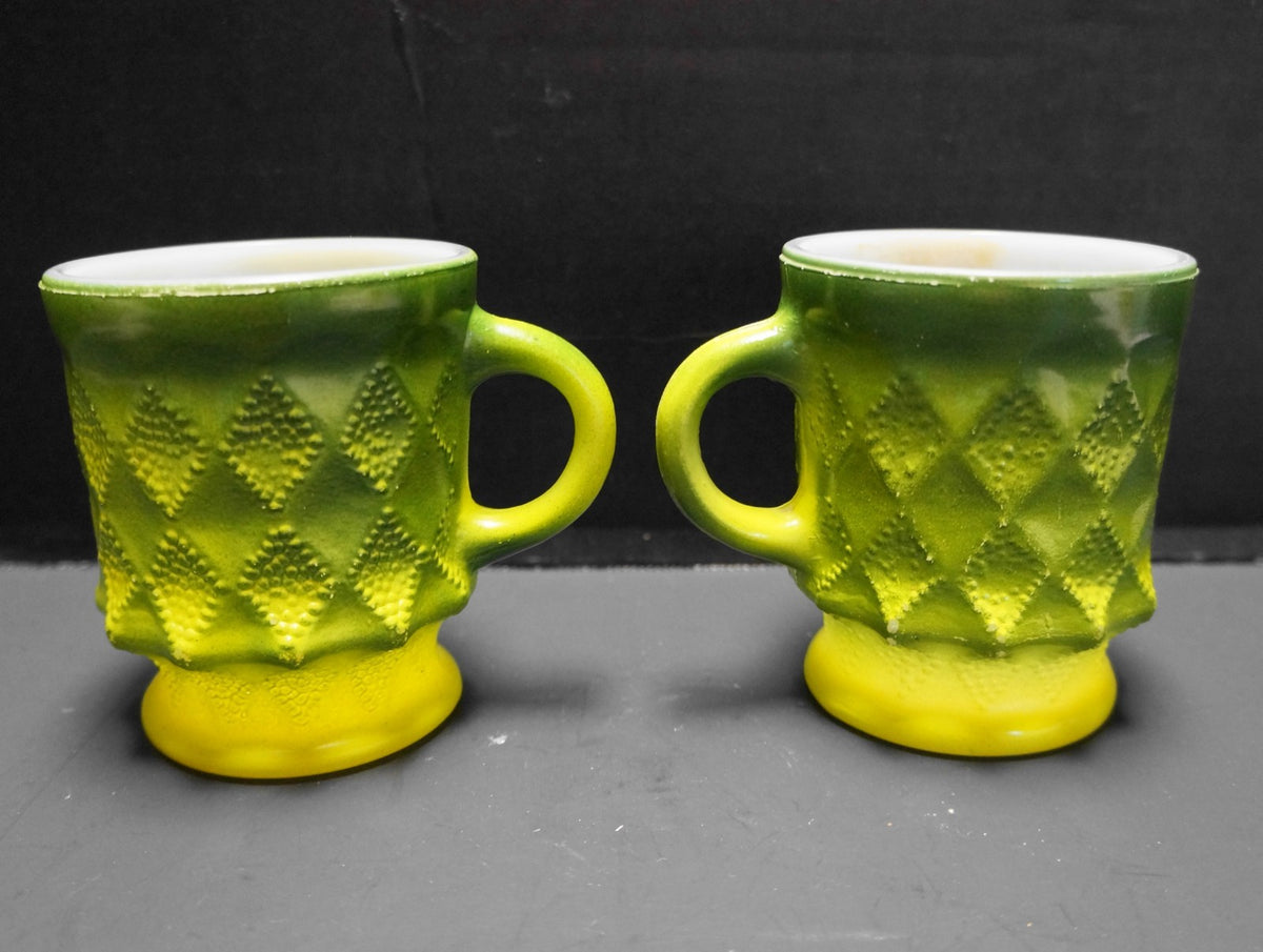 Fire-King Kimberly Mugs Green Yellow Diamond Pane Pair