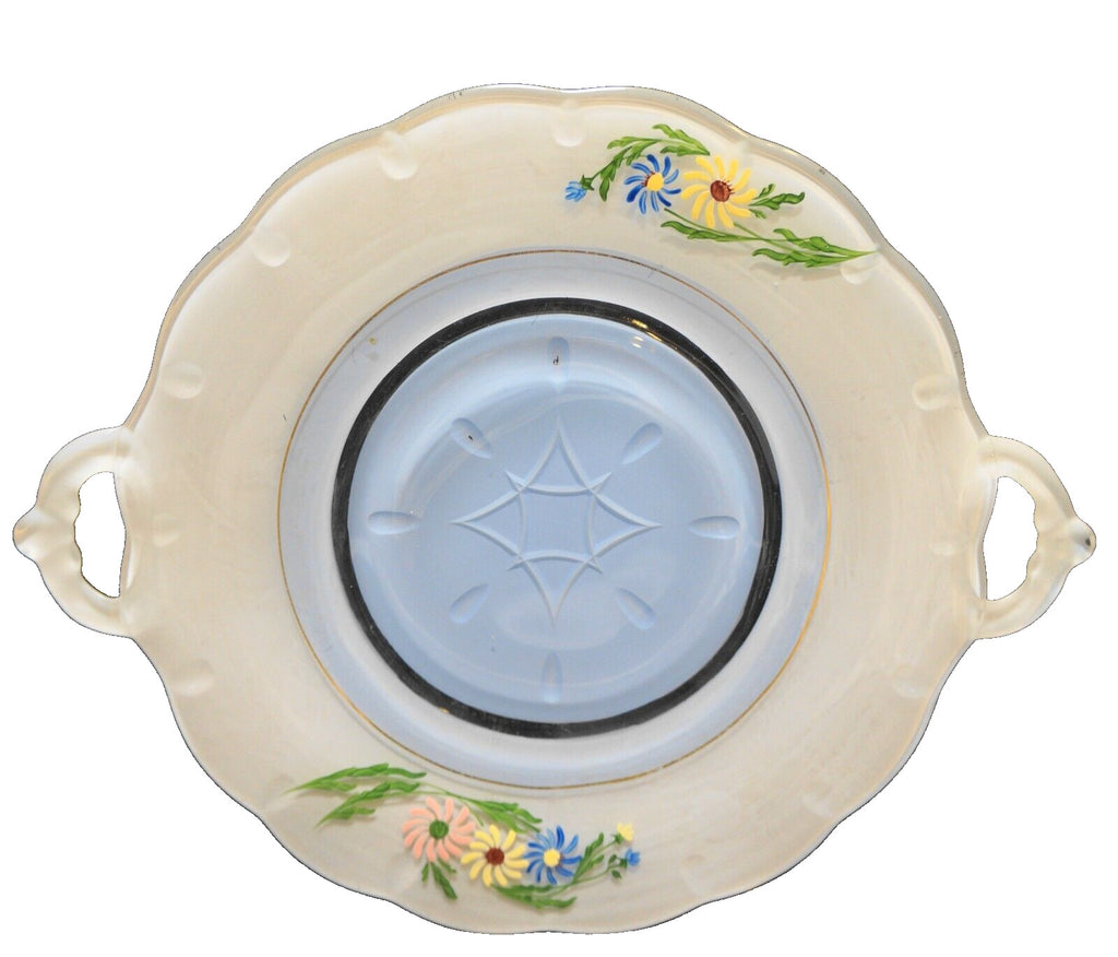 Indiana Glass Teardrop Cake Plate Platter Blue White Hand Painted Flowers