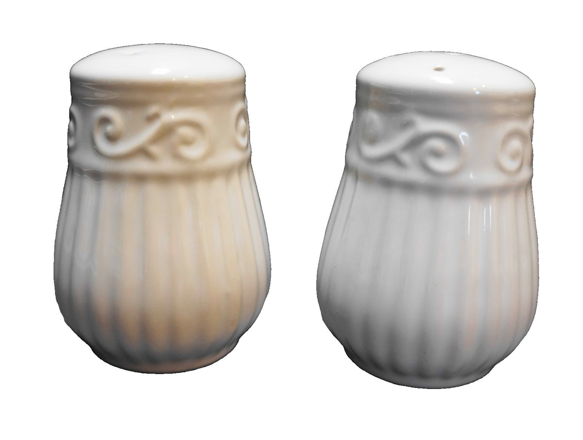 Gibson Claremont White Embossed Scrolls Columns Ribs Salt Pepper Shakers