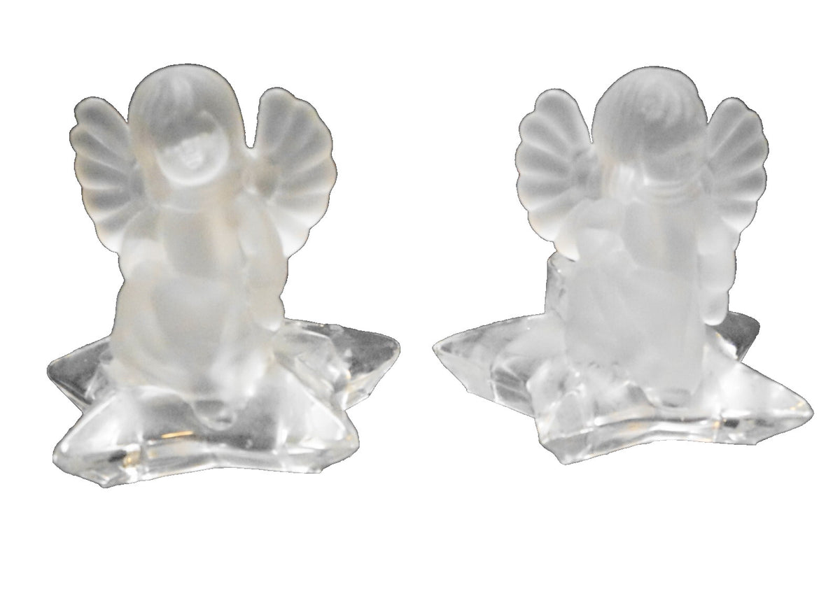 Crystal Frosted Glass Angel Star Pillow Candle Holders Pair