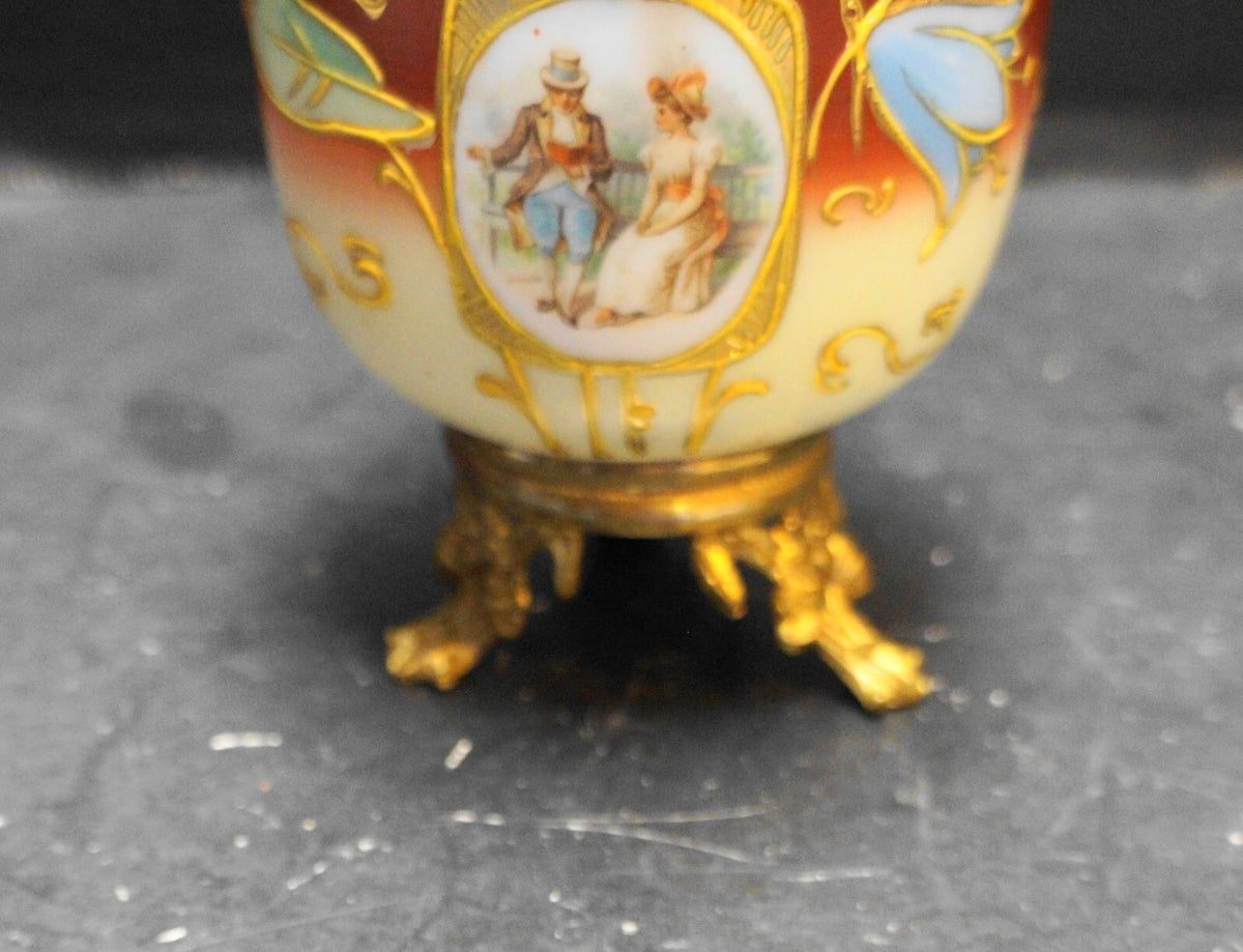 Hand Painted Opal Milk Glass Egg Rust Fade Transfer Portraits Gold Trim Box