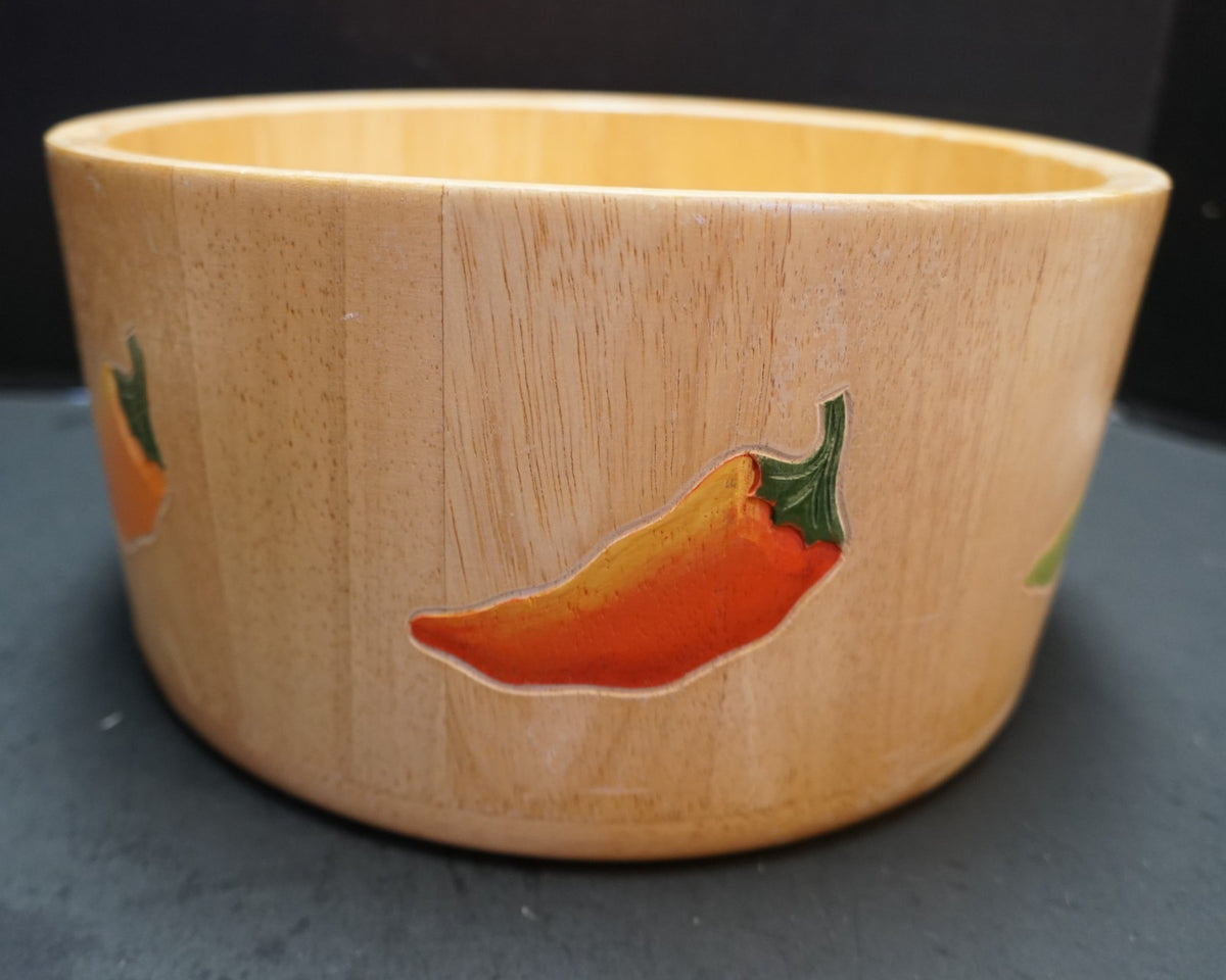 Clay Art Bamboo Salad Serving Bowl Hand Painted Carved Peppers 11 IN 2001
