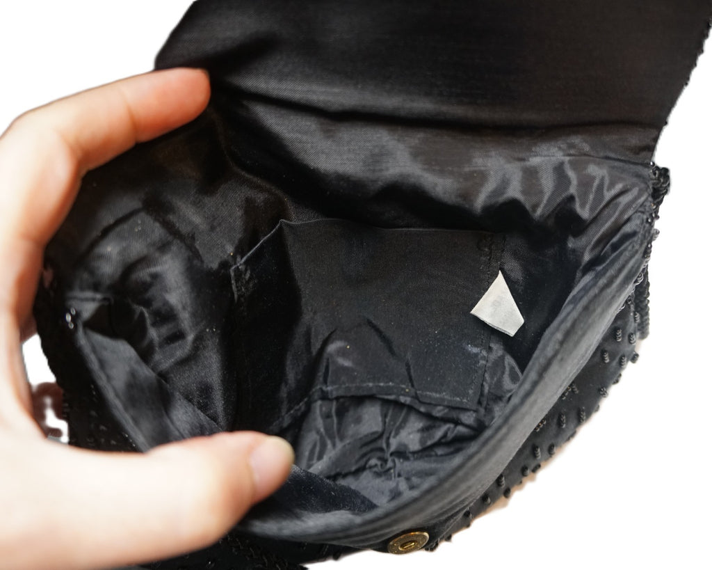 Black Satin Beaded Lotus Flowers Evening Bag Purse