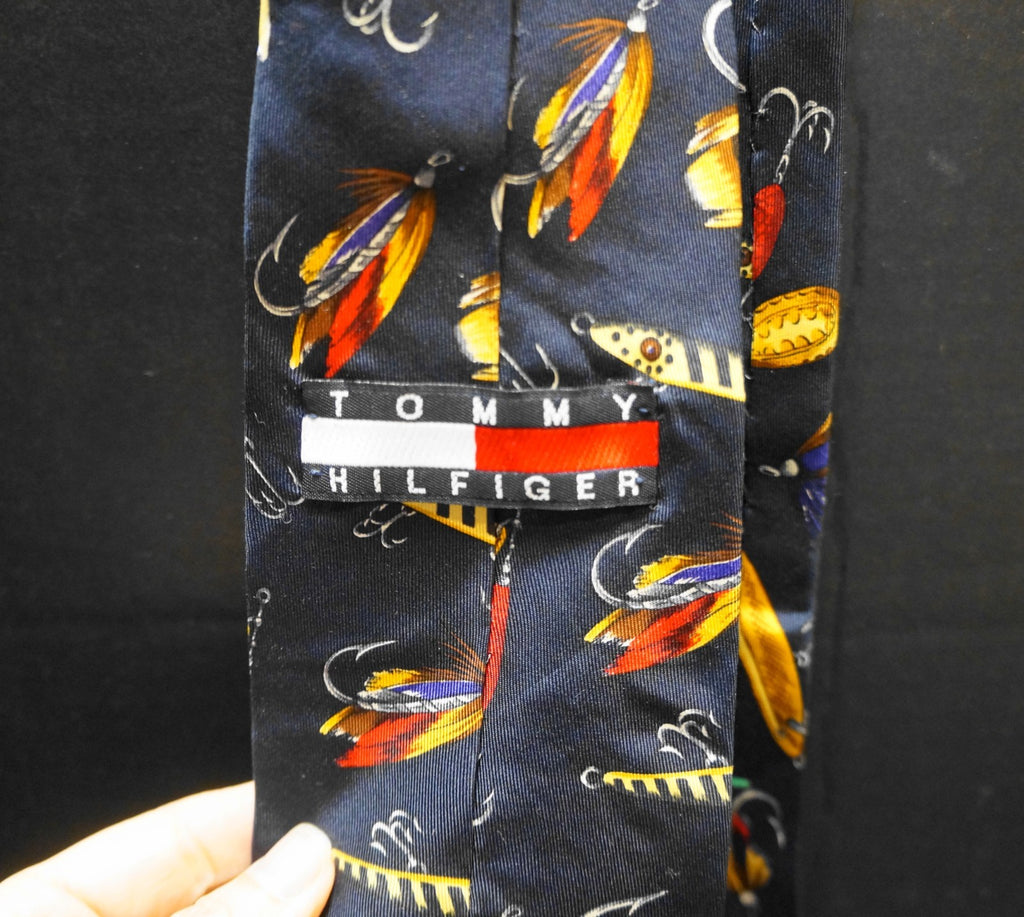 Tommy Hilfiger Fishing Lures Fly Flies Print Navy Blue Italian Silk Tie