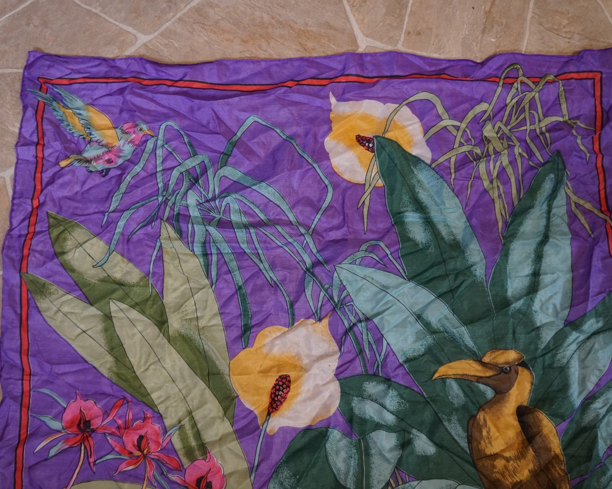 Unsigned Kalvin Klem Tropical Birds Flowers Purple Silk Scarf 1980s