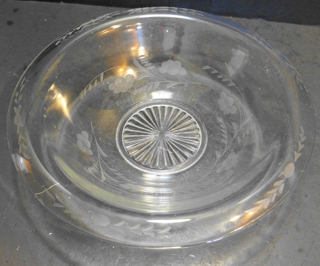 Clear Rolled Rim Gray Floral Cut Depression Glass Serving Bowl