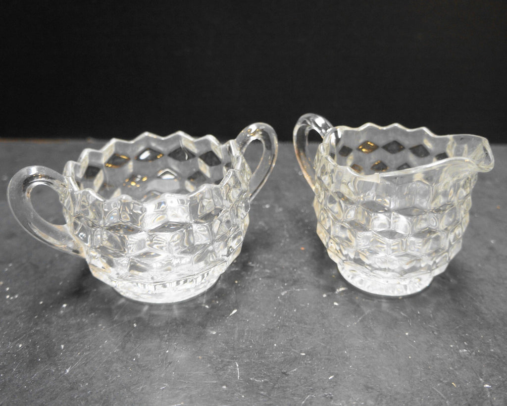 Fostoria American Cream Sugar Pair Clear Glass Cube Cubist