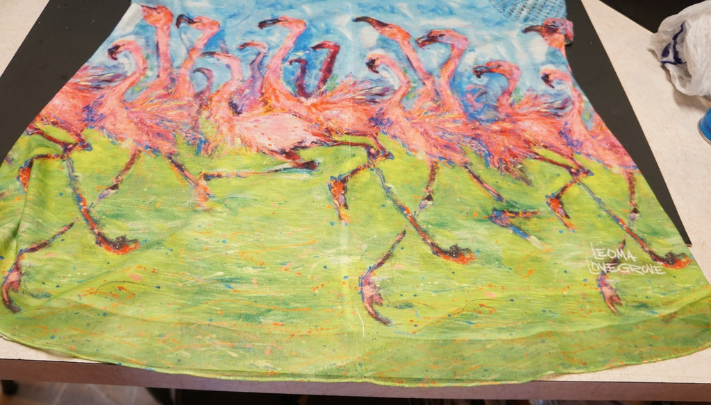 Leoma Lovegrove Flamingos Women's Top Shirt Size Large L Scoop Neck Blue Pink