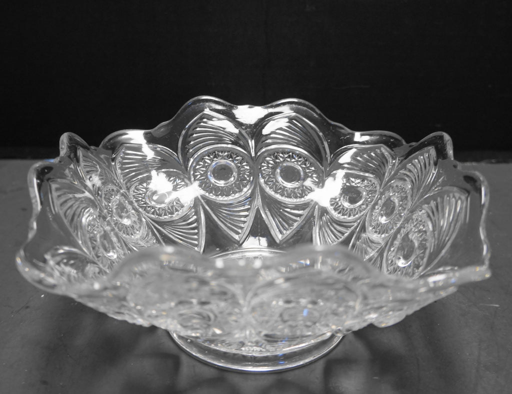 US Glass Bull's Eye Peacock and Fan Square Bowl EAPG