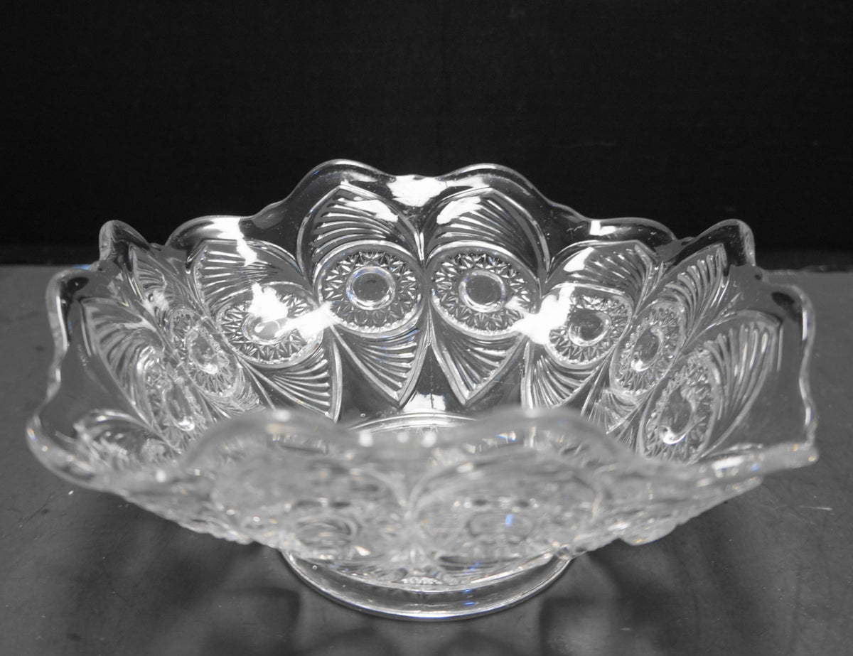 US Glass Bull's Eye Peacock and Fan Square Bowl EAPG