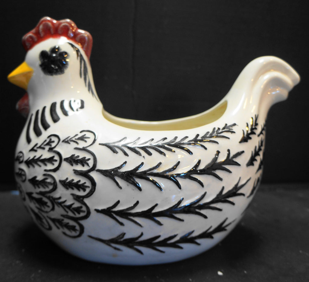 Chicken Hen Planter Hand Painted Black White Unsigned