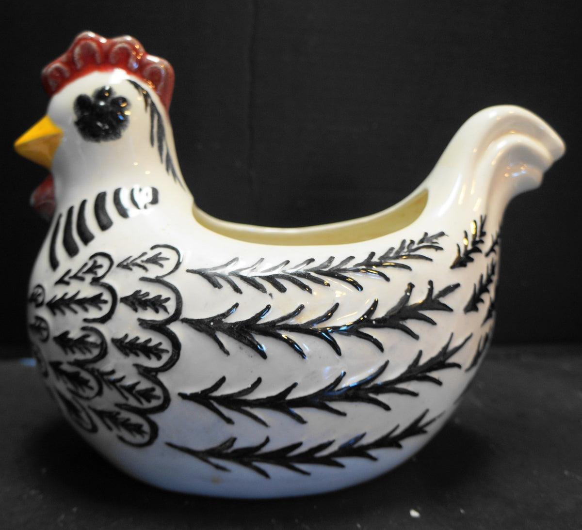 Chicken Hen Planter Hand Painted Black White Unsigned