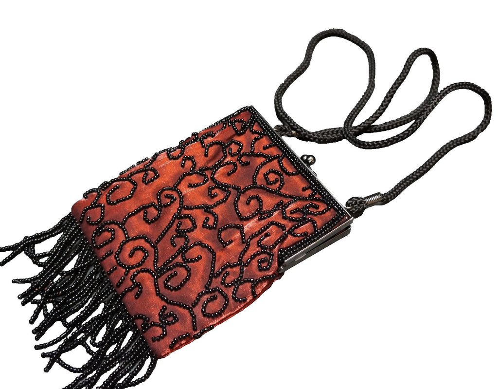 Lancome Dark Red Black Beaded Fringe Evening Bag Vintage