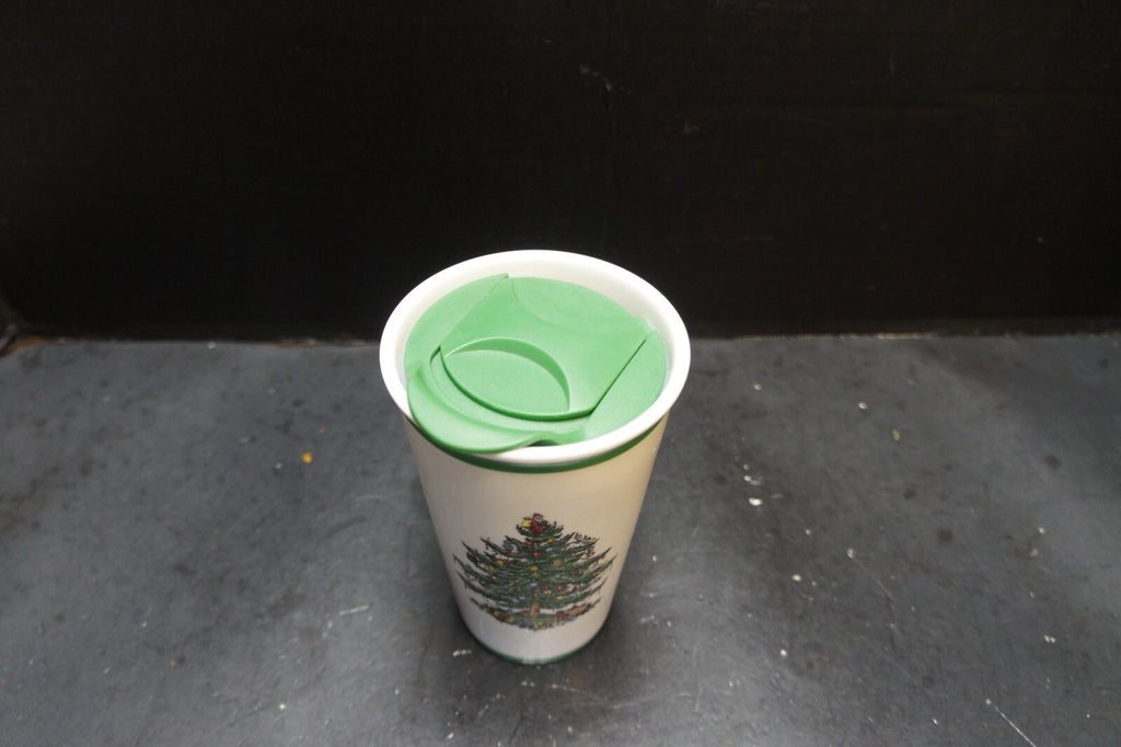 Spode Christmas Tree Travel Mug Coffee Tumbler 11 0Z Ceramic Green Lid