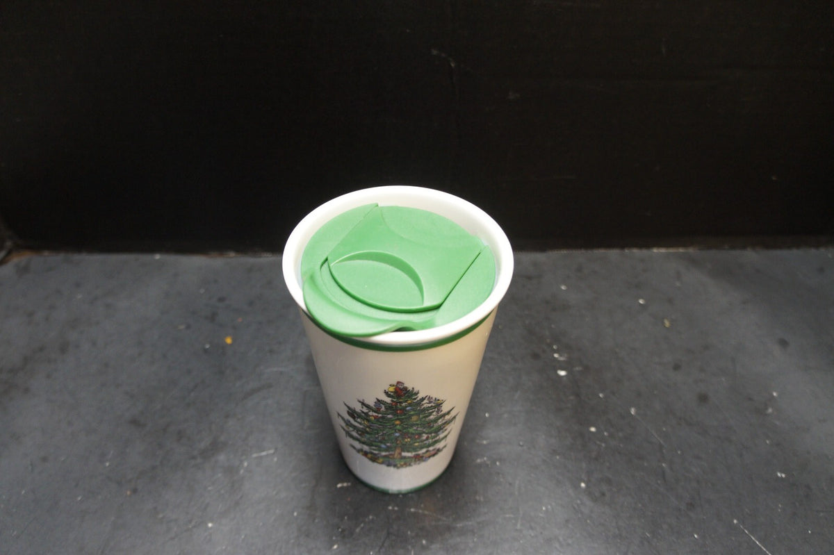 Spode Christmas Tree Travel Mug Coffee Tumbler 11 0Z Ceramic Green Lid