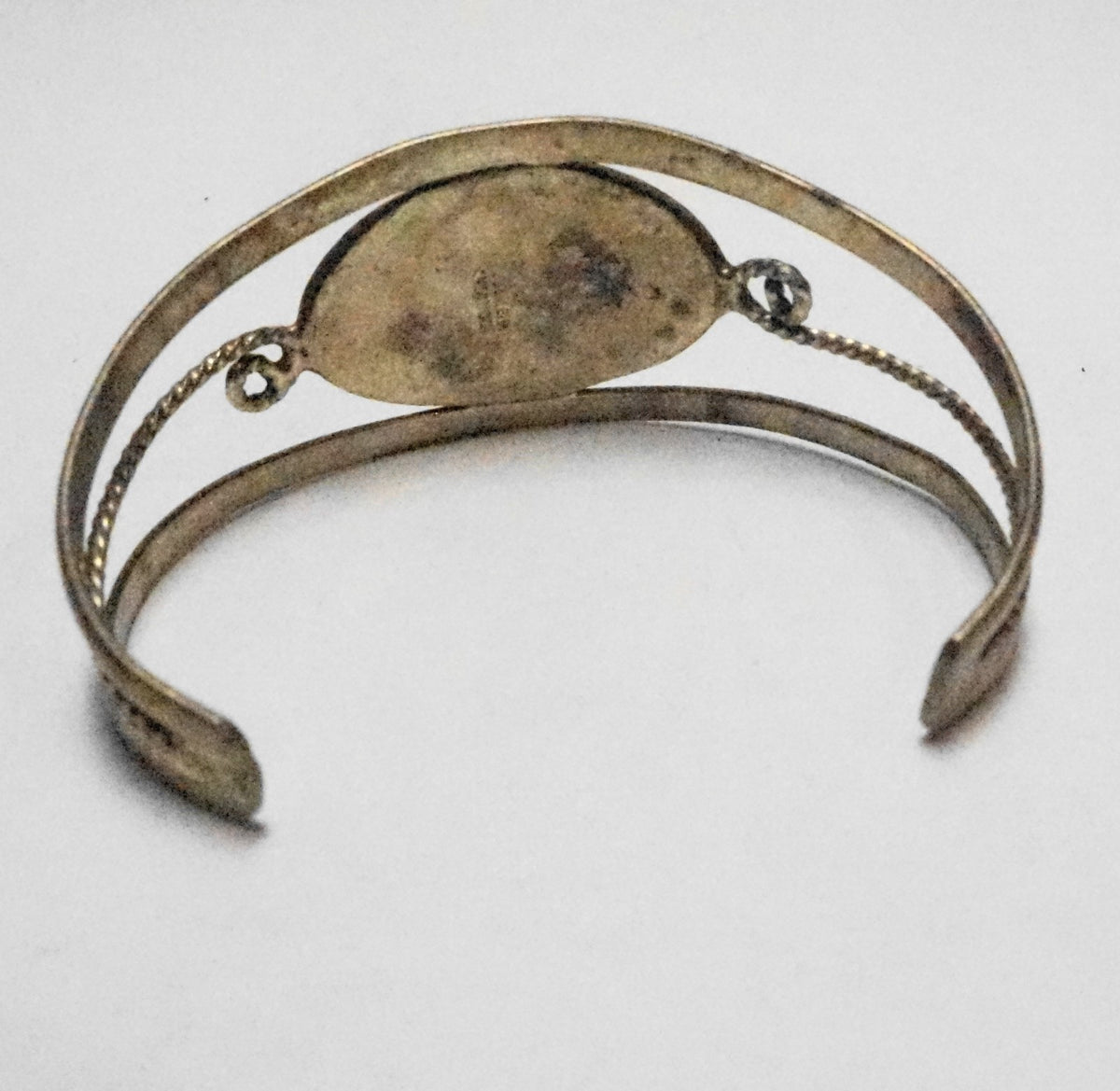 Mexican Silver Cuff Bracelet Green Crushed Stone Abalone Flower