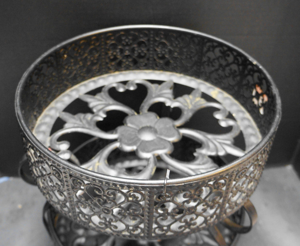 Black Metal Filigree Old World Spanish Style Two Tier Fruit Basket Plant Stand