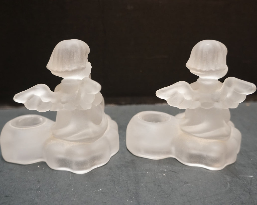 Avon Goebel Hummel Frosted Lead Crystal Angel Figurine Candle Holders Pair 1995