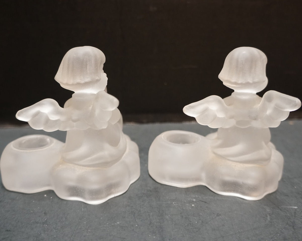 Avon Goebel Hummel Frosted Lead Crystal Angel Figurine Candle Holders Pair 1995