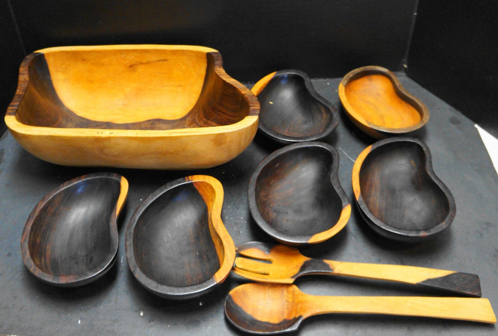 Hand Carved Blackwood Salad Set 9 Pieces Bowls Servers