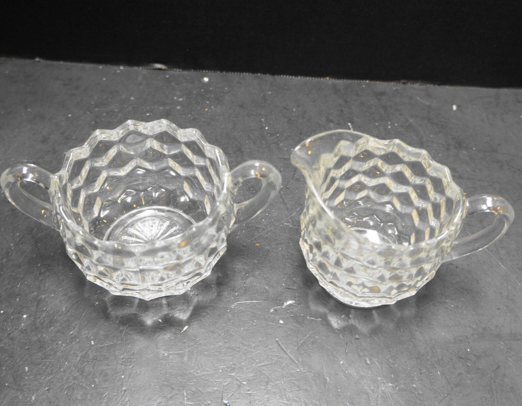 Fostoria American Cream Sugar Pair Clear Glass Cube Cubist