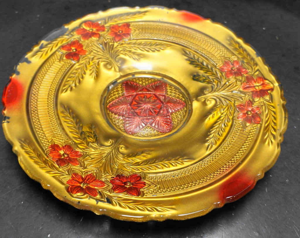 Indiana Glass Narcissus Spray Goofus Red Gold Carnival Plate EAPG