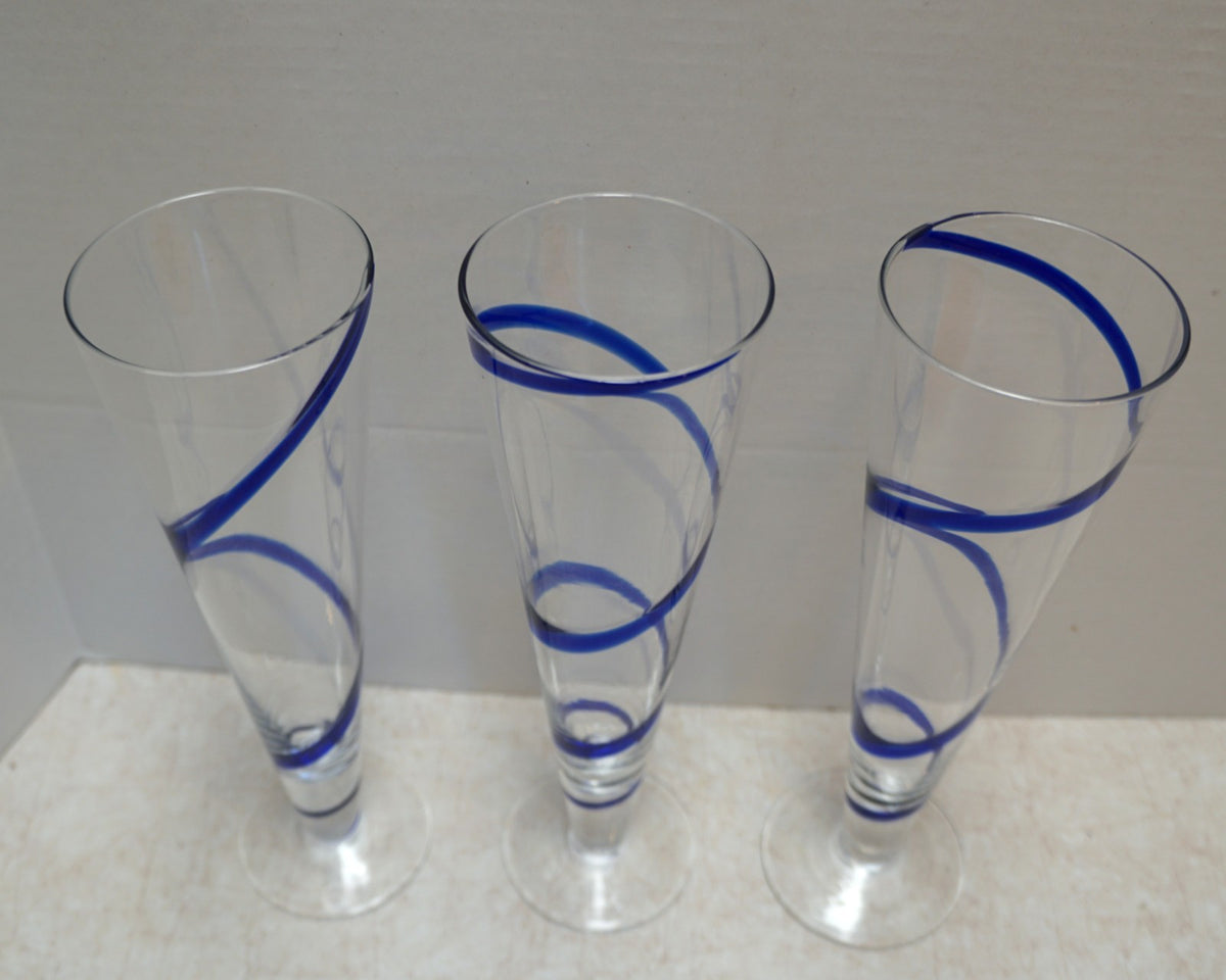 Pier 1 Cobalt Swirline Pilsner Glasses Set of 3 Discontinued Vintage