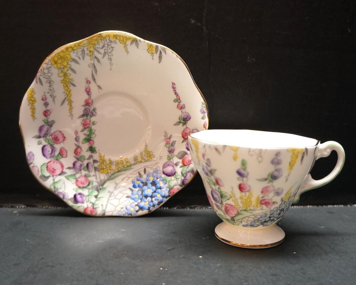 Foley Hand Painted Hollyhocks Garden Path Cup Saucer Bone China England