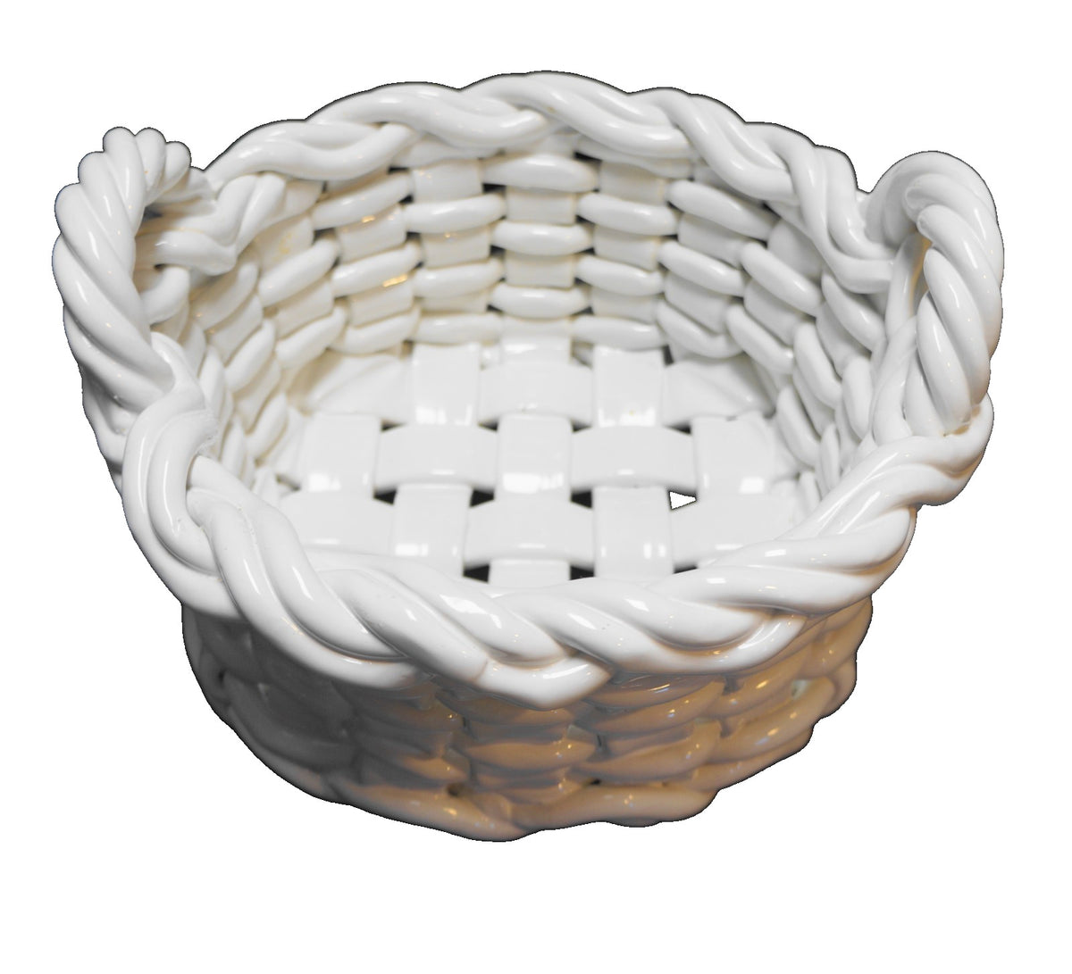 White Glazed Ceramic Woven Basket Bowl Made in Italy