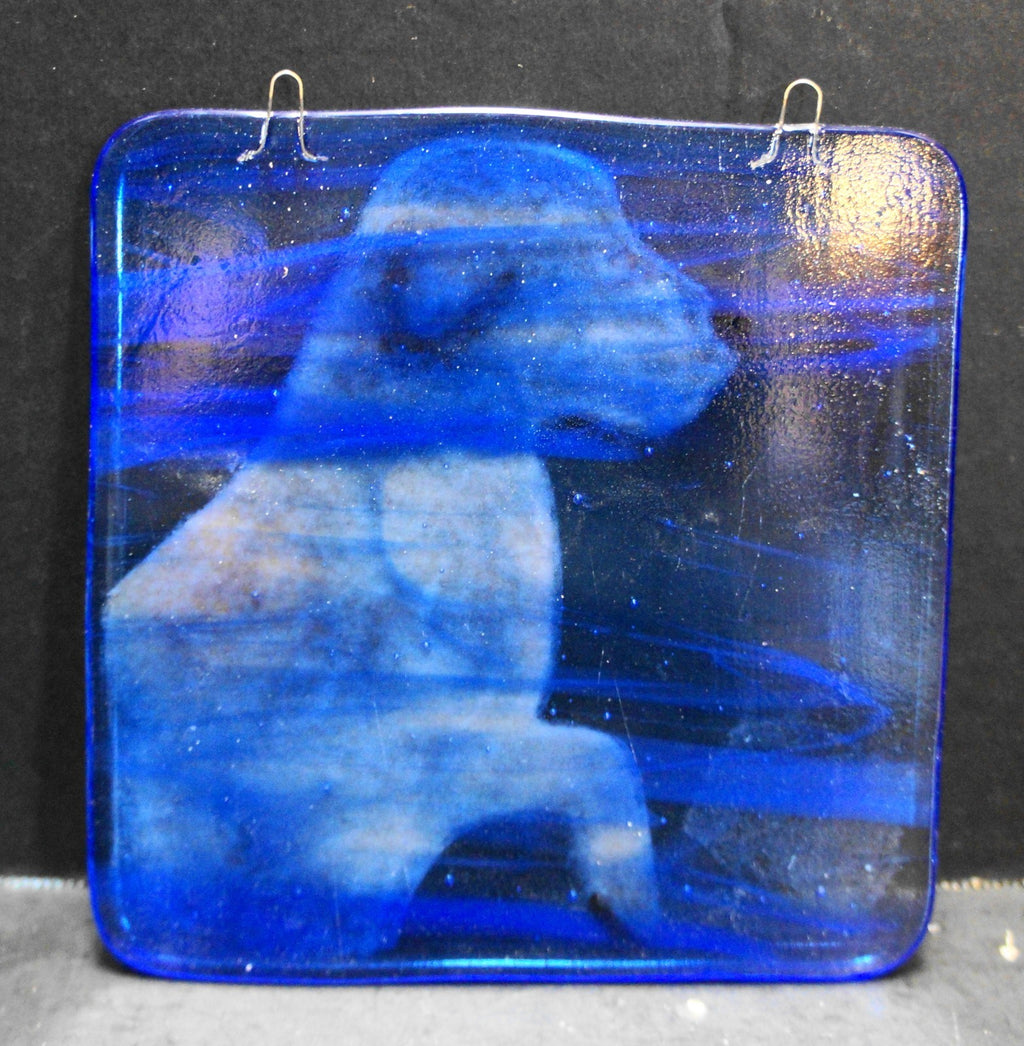 Blue Brown Dog Suncatcher Fused Art Glass Square Plaque