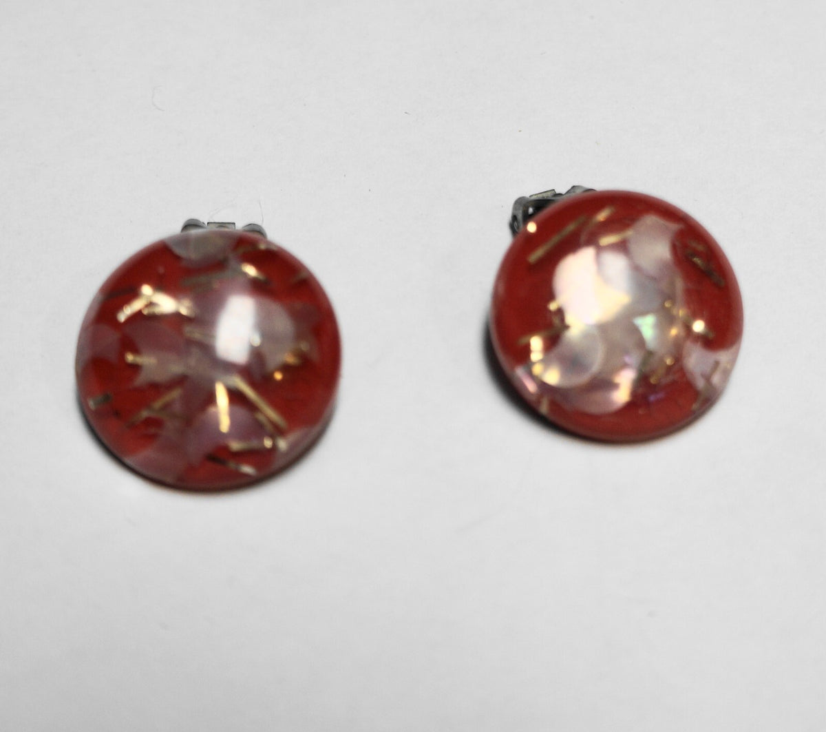 Red Clear Silver Lucite Confetti Earrings Domed Button Clips