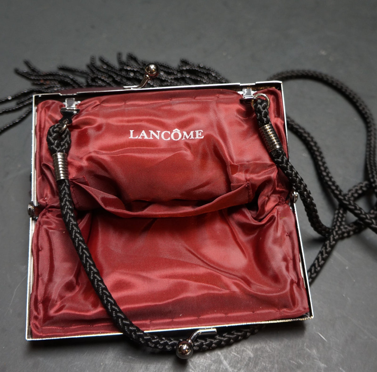 Lancome Dark Red Black Beaded Fringe Evening Bag Vintage