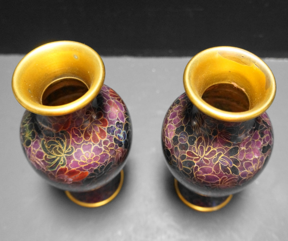 Jingfa Beijing Chinese Cloisonne Enamel on Brass Purple Black Vases Pair Small