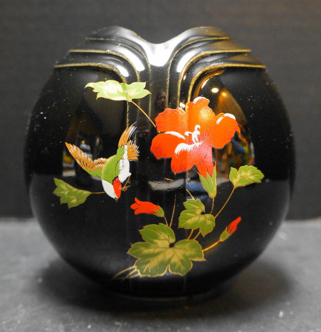 Fine China of Japan Black Vase Hummingbird Red Poppy