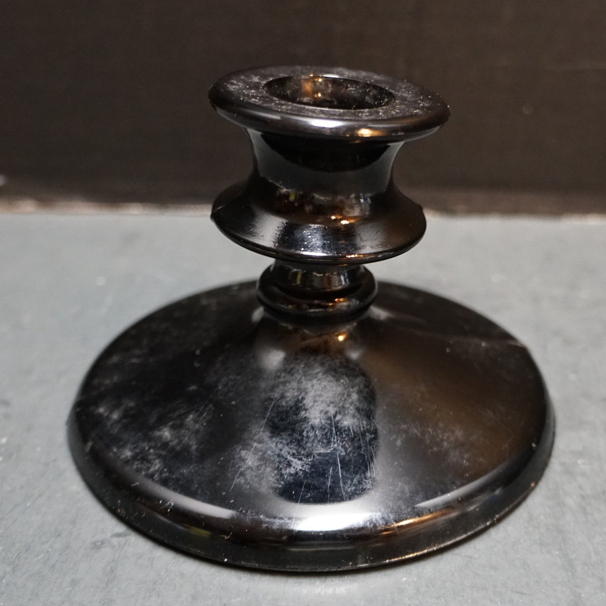 Black Glass Candle Stick Holder Single Light Depression Art Deco