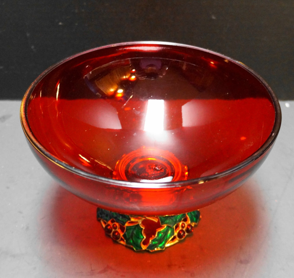 Teleflora Christmas Red Glass Bowl Enamel Holly Pedestal Base
