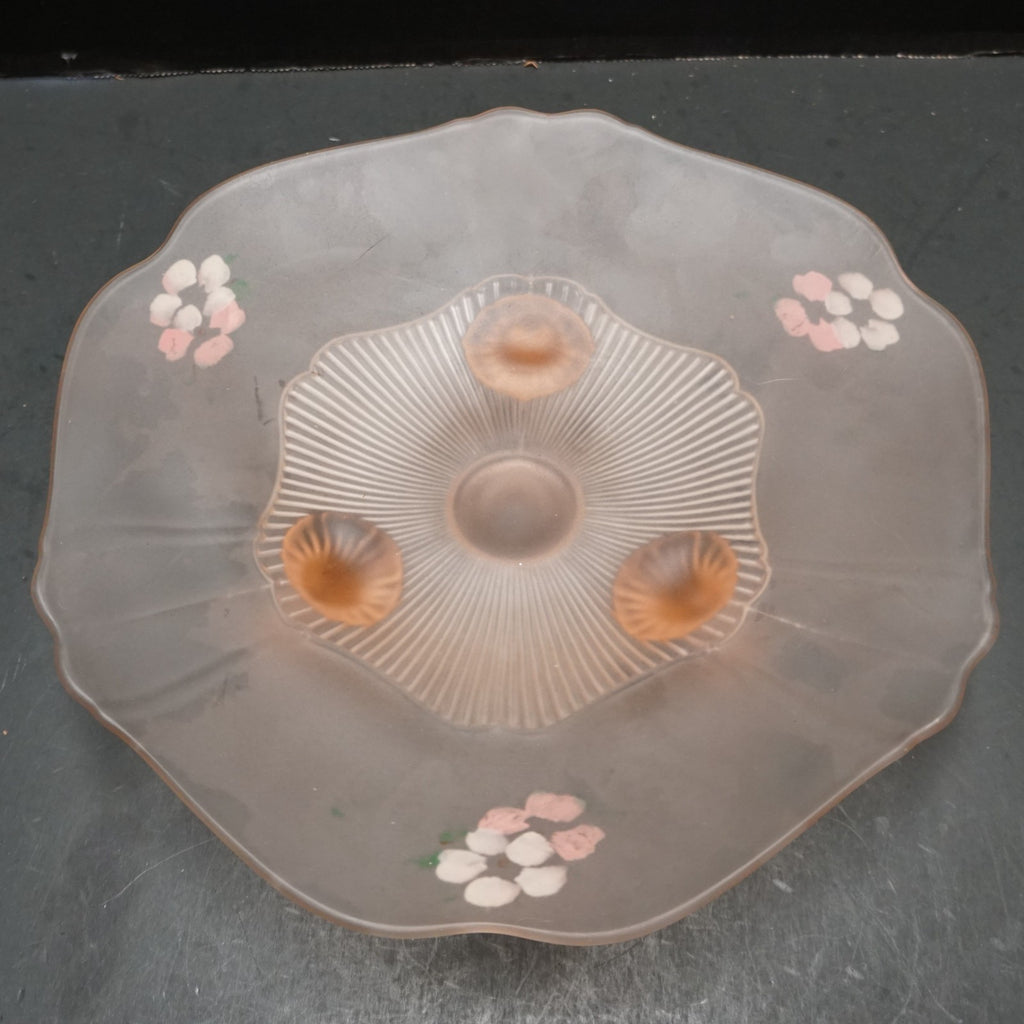 Lancaster Depression Glass Pink Satin Frosted 3 Toed Bowl Hand Painted Flowers