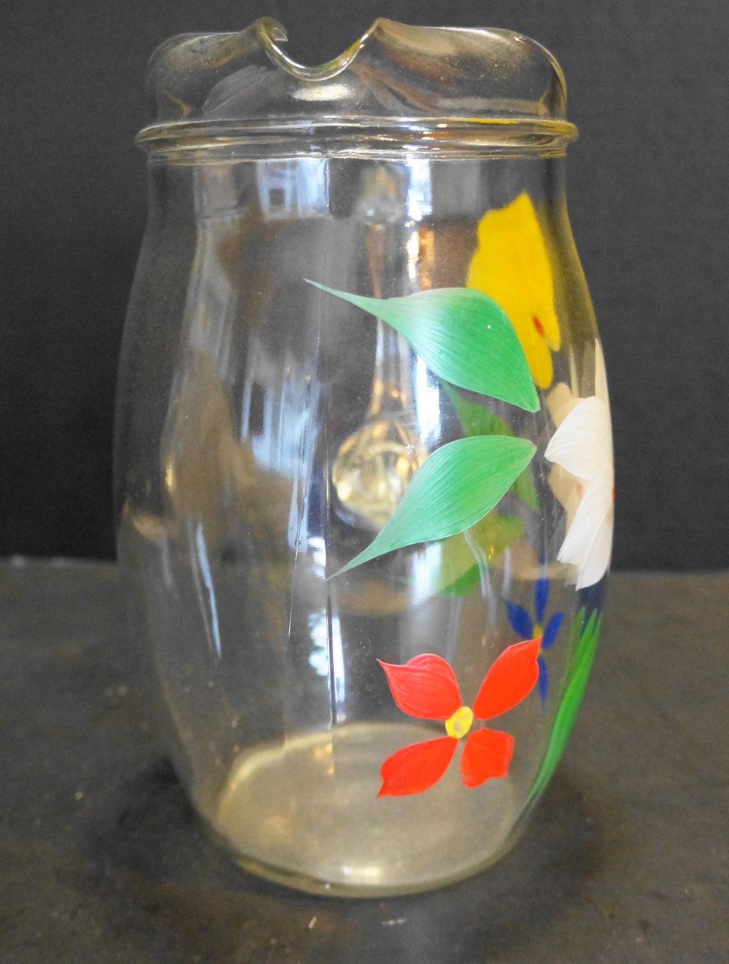 Bartlett Collins Gay Fad Flowers Floral Hand Painted Clear Pitcher Ice Lip 9 IN
