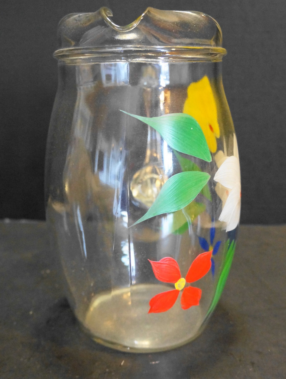 Bartlett Collins Gay Fad Flowers Floral Hand Painted Clear Pitcher Ice Lip 9 IN