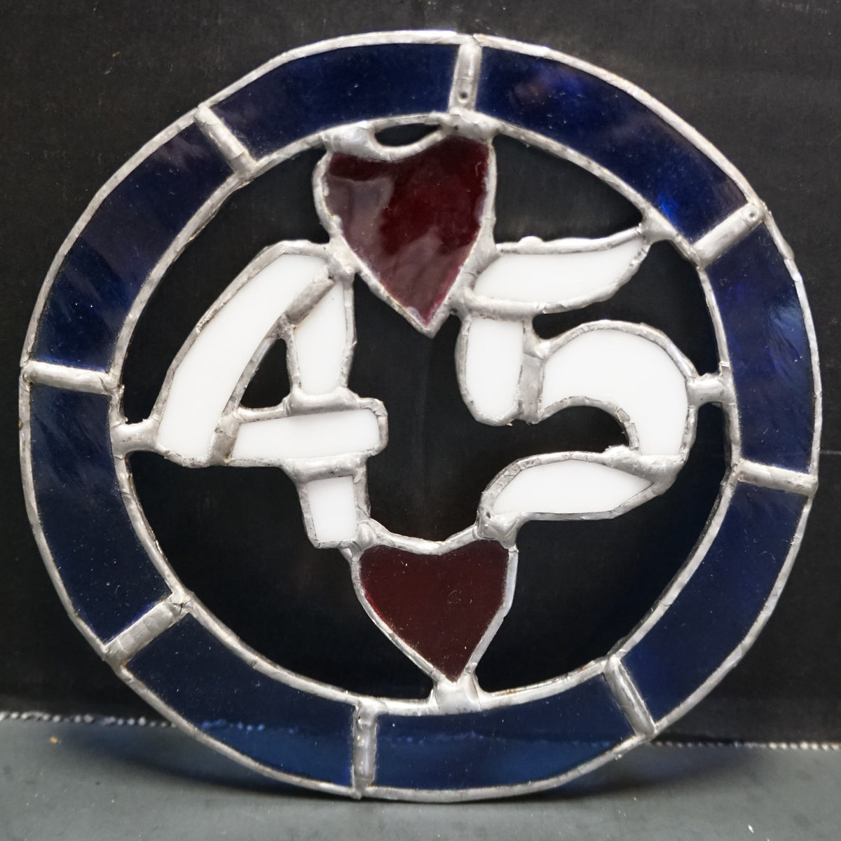 Stained Glass Sun Catcher 45 Blue White Red Heart